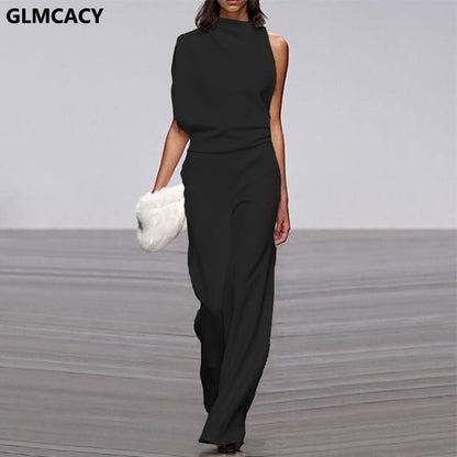 Solid Color One Shoulder Long Jumpsuit