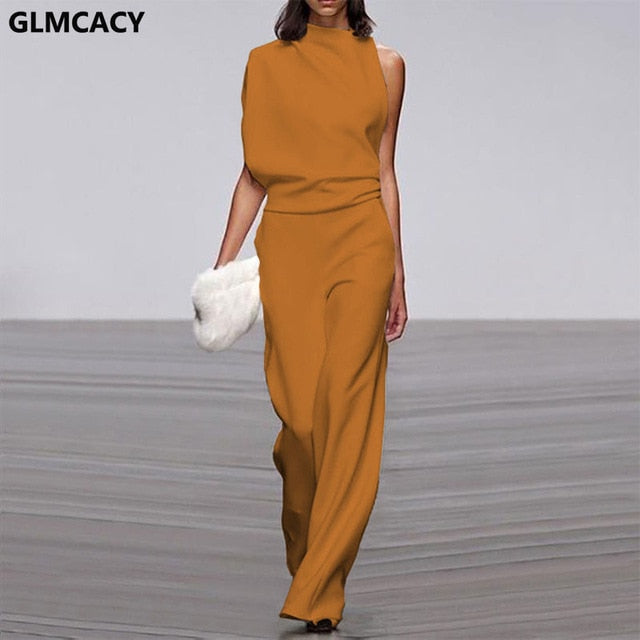 Solid Color One Shoulder Long Jumpsuit