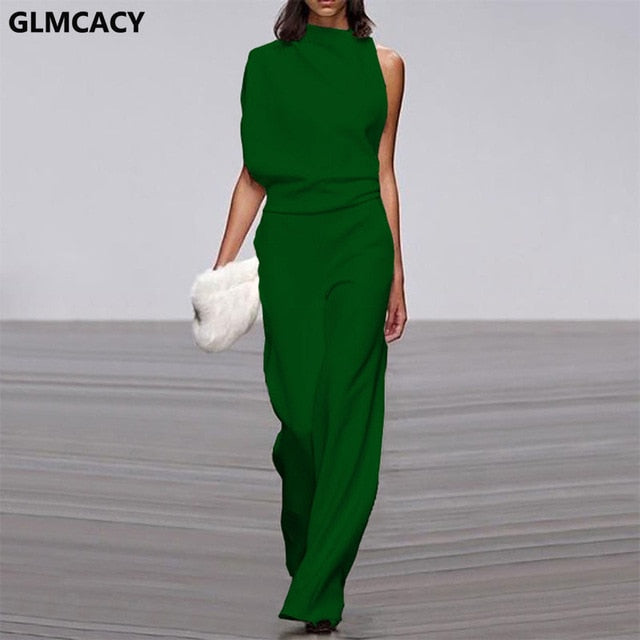 Solid Color One Shoulder Long Jumpsuit