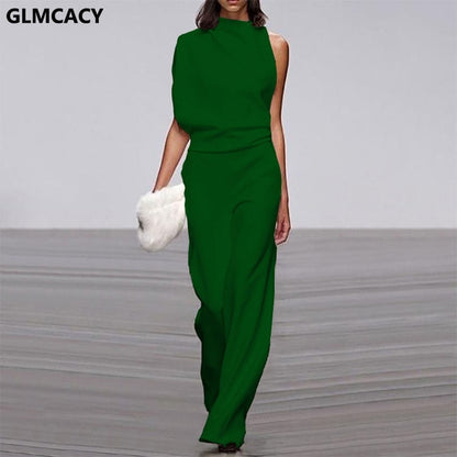 Solid Color One Shoulder Long Jumpsuit
