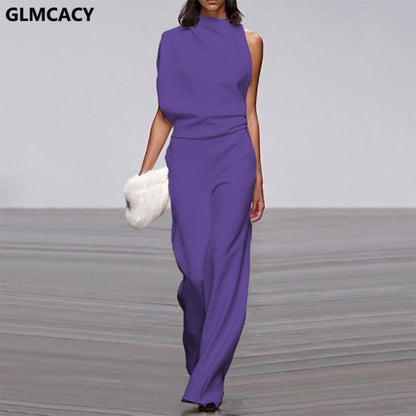 Solid Color One Shoulder Long Jumpsuit