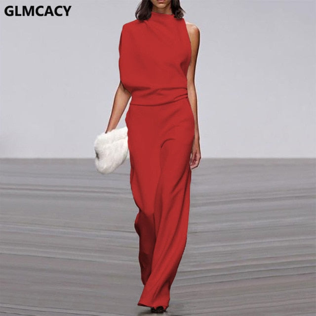 Solid Color One Shoulder Long Jumpsuit