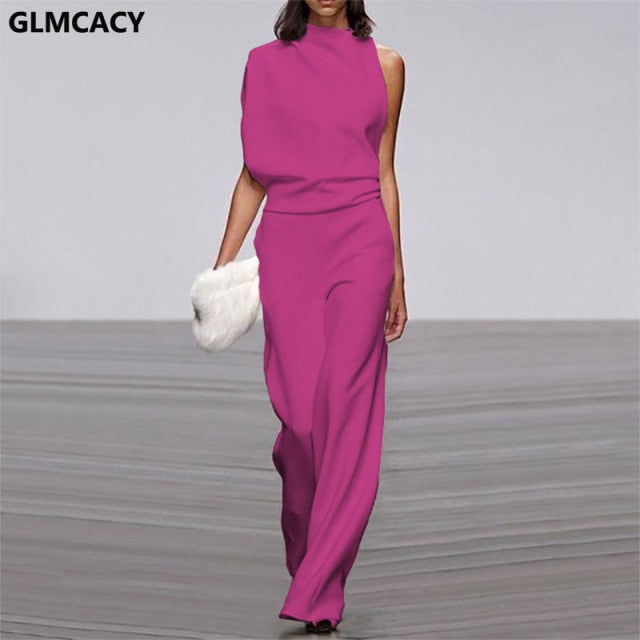 Solid Color One Shoulder Long Jumpsuit
