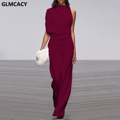 Solid Color One Shoulder Long Jumpsuit