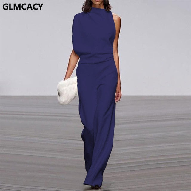 Solid Color One Shoulder Long Jumpsuit