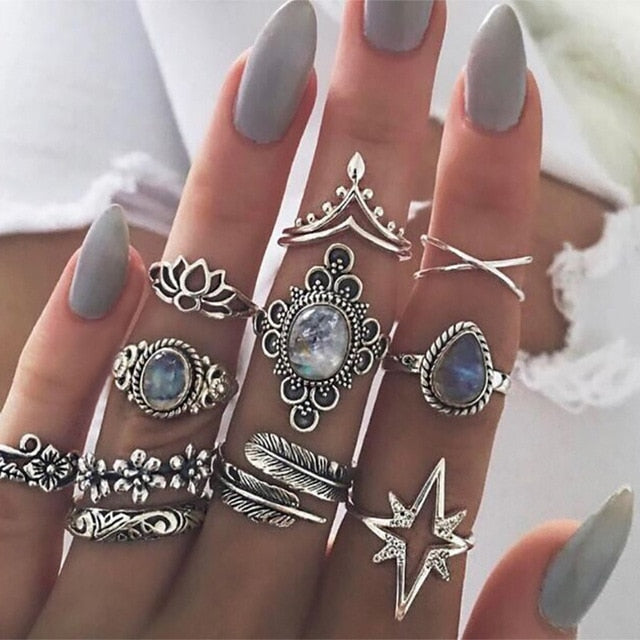 Style Vintage Rings Set For Women Boho Moon Star Knuckle Finger Rings