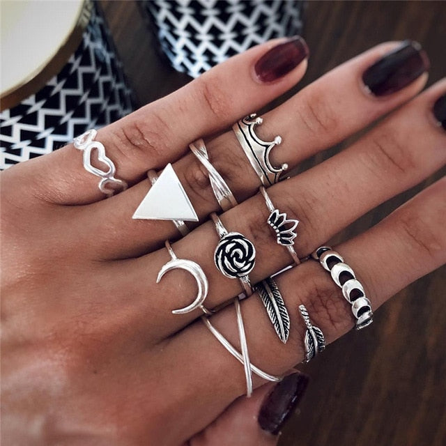Style Vintage Rings Set For Women Boho Moon Star Knuckle Finger Rings