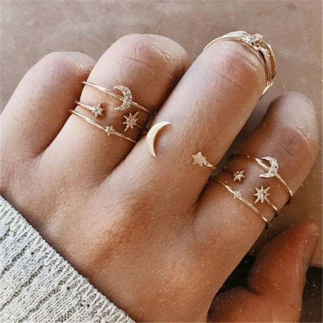 Style Vintage Rings Set For Women Boho Moon Star Knuckle Finger Rings