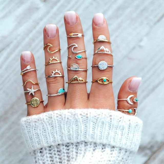 Style Vintage Rings Set For Women Boho Moon Star Knuckle Finger Rings