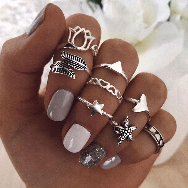 Style Vintage Rings Set For Women Boho Moon Star Knuckle Finger Rings