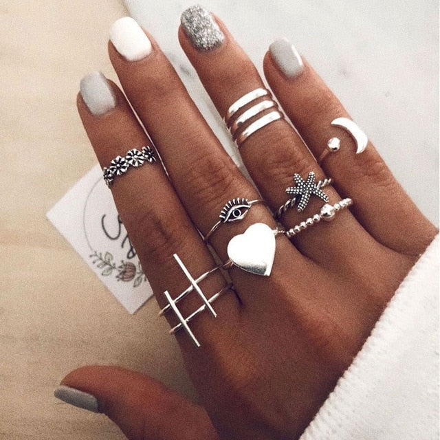 Style Vintage Rings Set For Women Boho Moon Star Knuckle Finger Rings