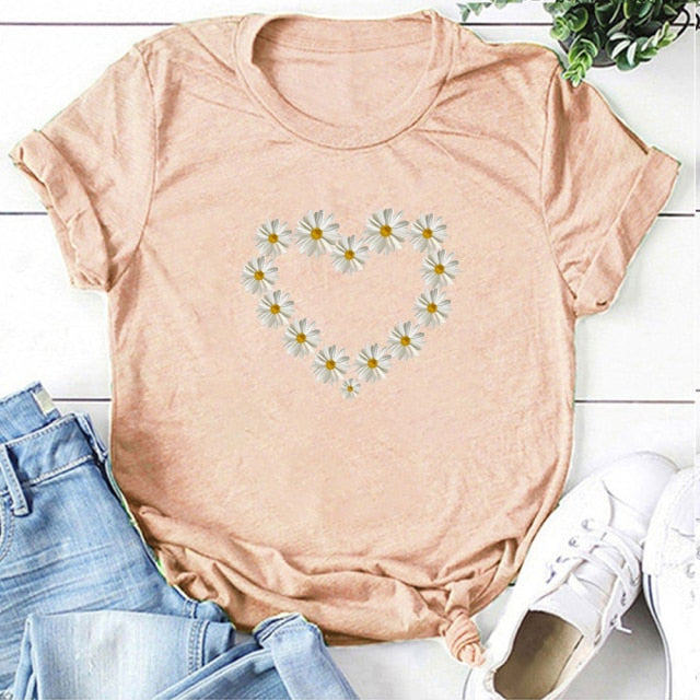 Heart Daisy Print T-Shirt