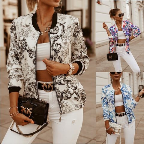 Flower Print Long Sleeve Bomber Jacket