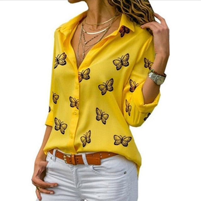 Butterfly Print Long Sleeve Elegant Blouse