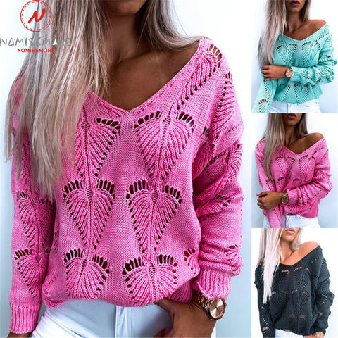V-Neck Long Sleeve Hollow Design Sweater
