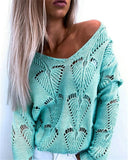 V-Neck Long Sleeve Hollow Design Sweater