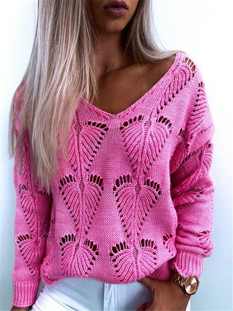 V-Neck Long Sleeve Hollow Design Sweater