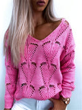 V-Neck Long Sleeve Hollow Design Sweater