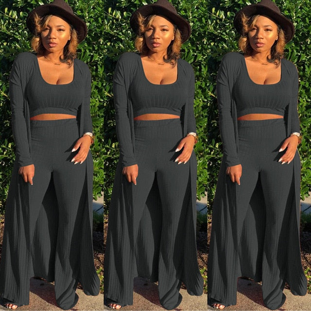 Solid Color 3 Piece Long Sleeve Cardigan Set