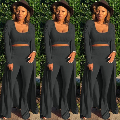 Solid Color 3 Piece Long Sleeve Cardigan Set