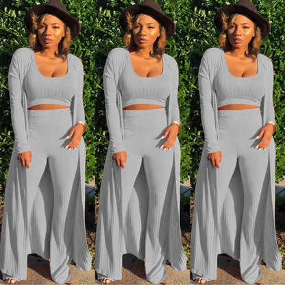 Solid Color 3 Piece Long Sleeve Cardigan Set