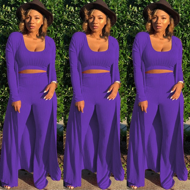 Solid Color 3 Piece Long Sleeve Cardigan Set