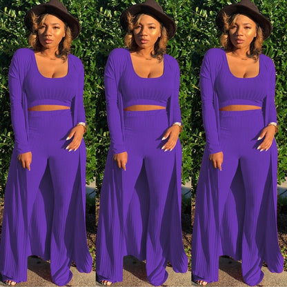 Solid Color 3 Piece Long Sleeve Cardigan Set
