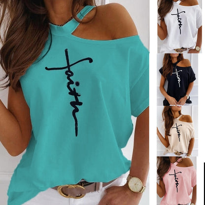 Off The Shoulder Faith Print T-Shirt