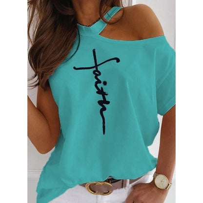 Off The Shoulder Faith Print T-Shirt