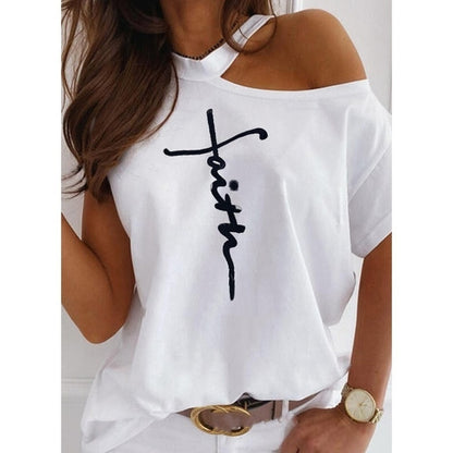 Off The Shoulder Faith Print T-Shirt