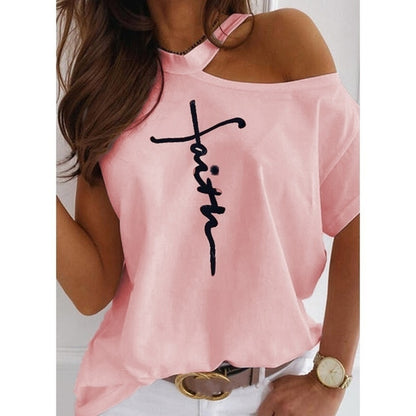 Off The Shoulder Faith Print T-Shirt
