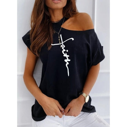 Off The Shoulder Faith Print T-Shirt