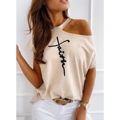 Off The Shoulder Faith Print T-Shirt