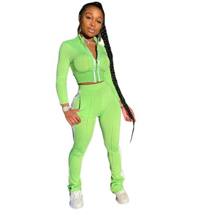 Pure Solid Color Striped High Waist Jogging Suit