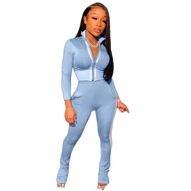 Pure Solid Color Striped High Waist Jogging Suit