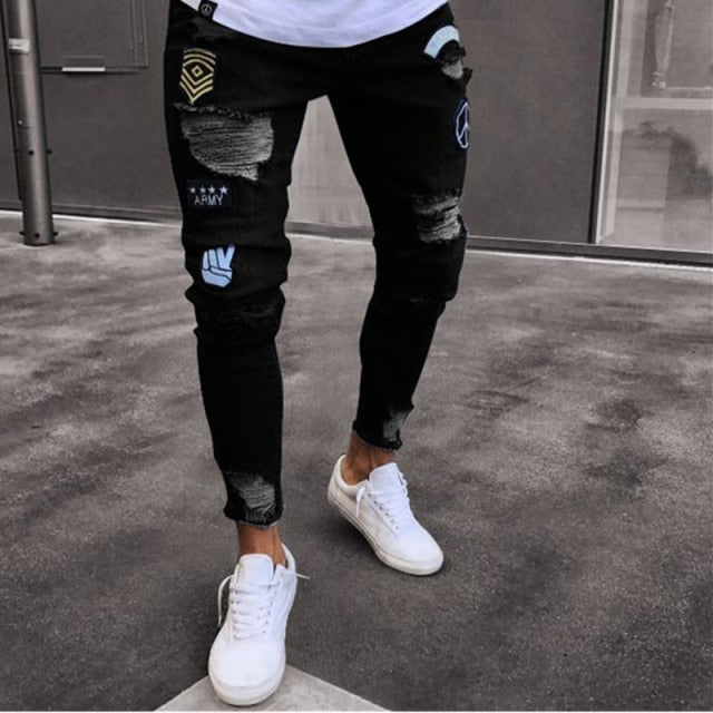Ripped Embroidery Badge Jeans