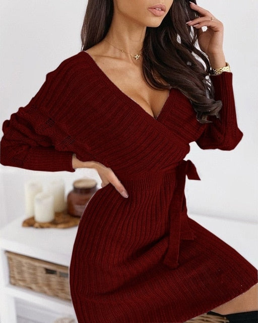 Ribbed Wrap Sweater Dress
