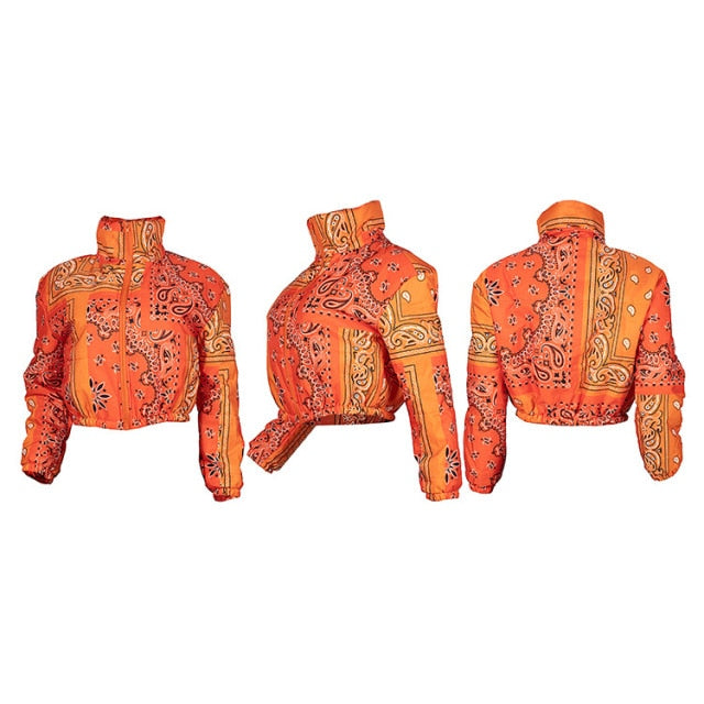 Casual Bandana Print Long Sleeve Bubble Jacket