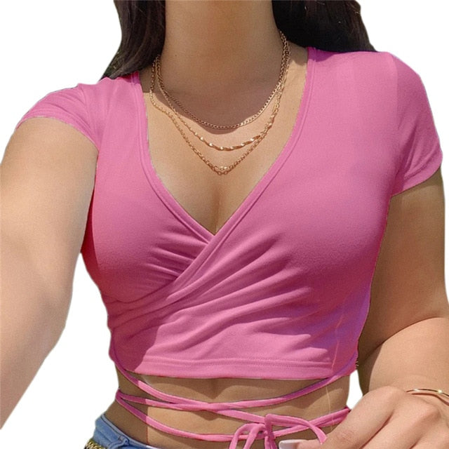 Solid V-Neck Crop T-Shirt