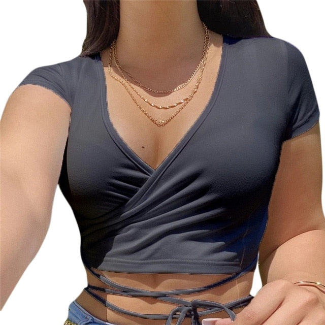 Solid V-Neck Crop T-Shirt