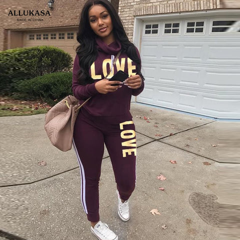 LOVE Letter Print High Neck 2 Piece Hoodie Tracksuit