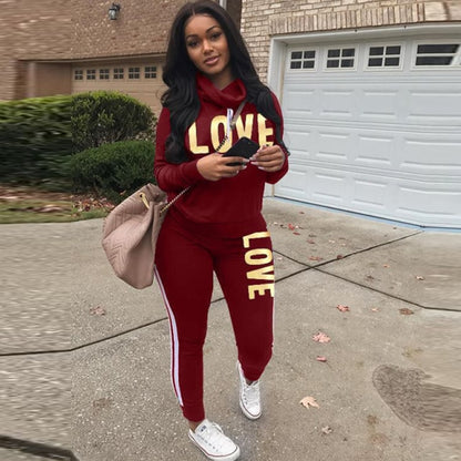 LOVE Letter Print High Neck 2 Piece Hoodie Tracksuit