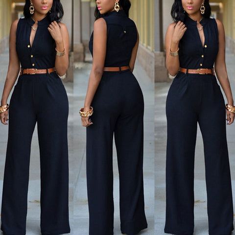 Formal Wide Leg Solid Color Sleeveless Jumpsuit with Belt