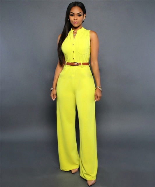 Formal Wide Leg Solid Color Sleeveless Jumpsuit with Belt