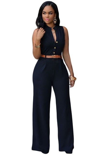 Formal Wide Leg Solid Color Sleeveless Jumpsuit with Belt