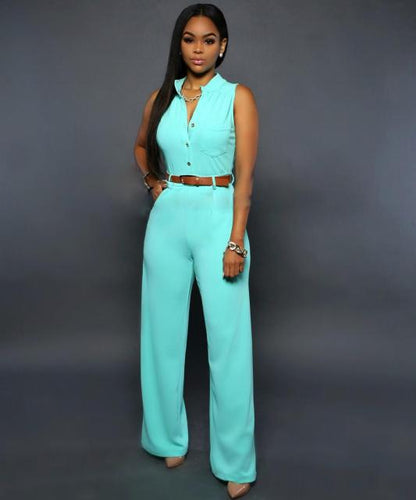 Formal Wide Leg Solid Color Sleeveless Jumpsuit with Belt