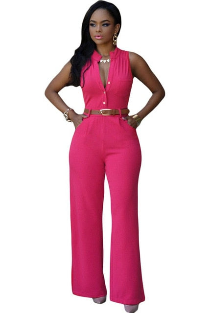 Formal Wide Leg Solid Color Sleeveless Jumpsuit with Belt