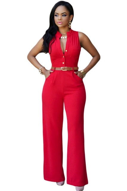Formal Wide Leg Solid Color Sleeveless Jumpsuit with Belt