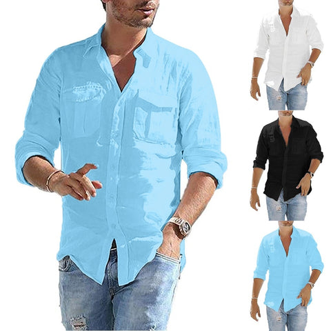 Solid Color Linen Pocket Long Sleeve Shirt