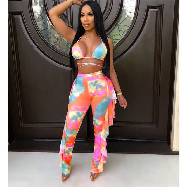 Multicolor Transparent Mesh Design Bikini Pants Set